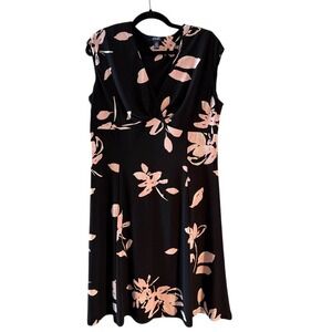 Chaps Black Pink Floral Sleeveless V Neck Faux Wrap Midi‎ Dress Women XL
